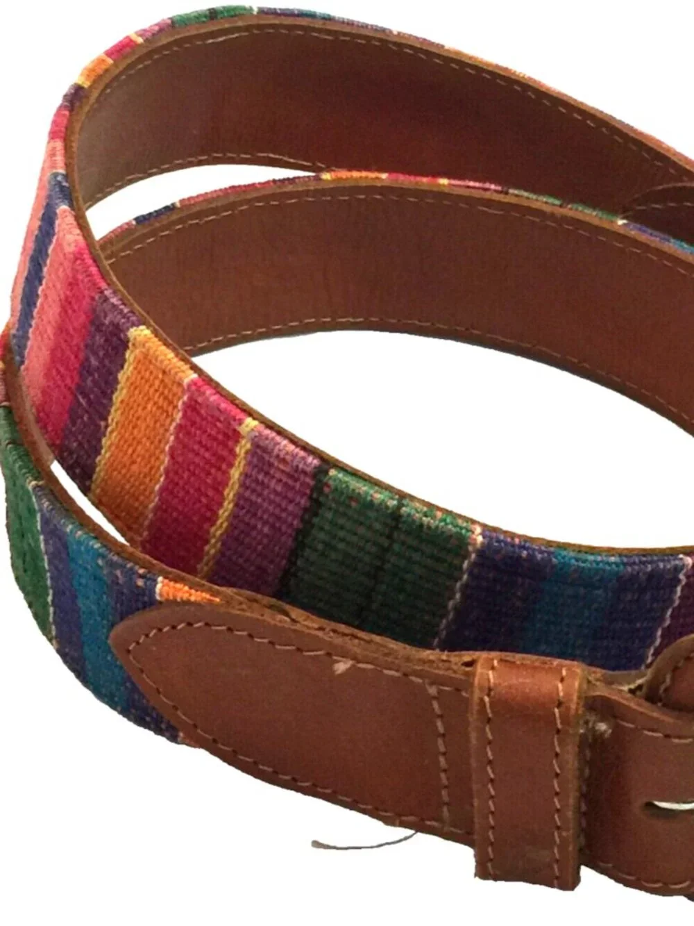 VINTAGE GUATEMALAN MULTICOLOR HANDWOVEN TEXTILE BUCKLE LEATHER BELT WOMENS 30